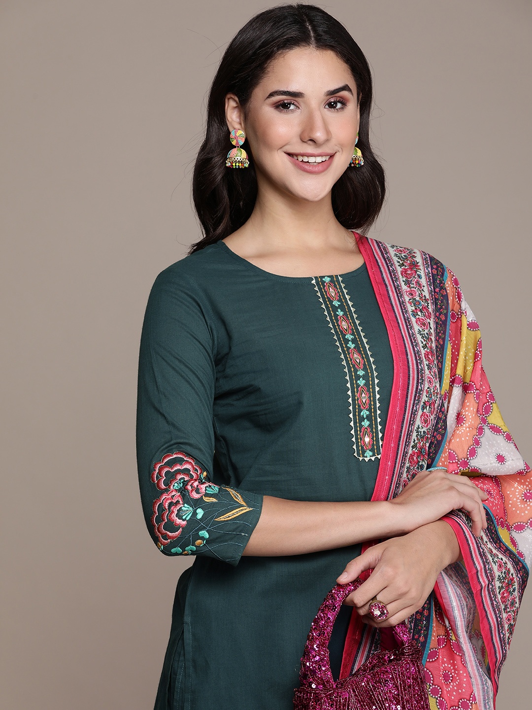 

Anouk Women Floral Yoke Design Regular Gotta Patti Kurta with Trousers & With Dupatta, Teal