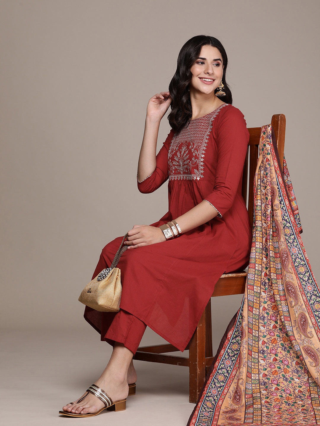 

Anouk Women Floral Yoke Design Pleated Sequinned Cotton Kurta with Trousers & Dupatta, Maroon