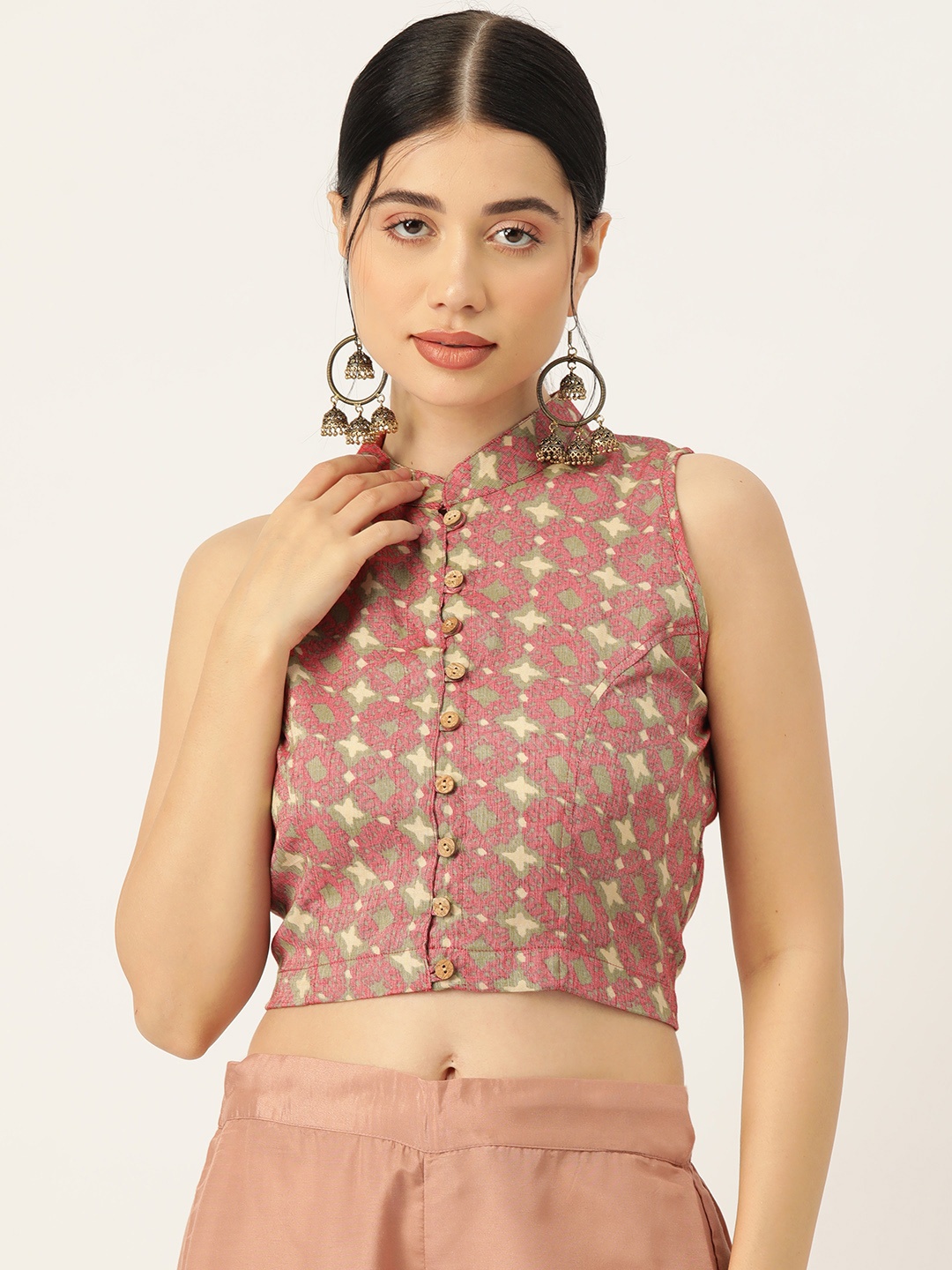 

Molcha Women Printed Mandarin Collar Readymade Saree Blouse, Pink