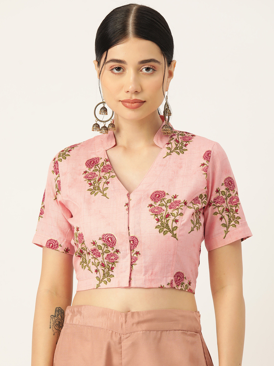 

Molcha Women Printed V-Neck Readymade Saree Blouse, Pink