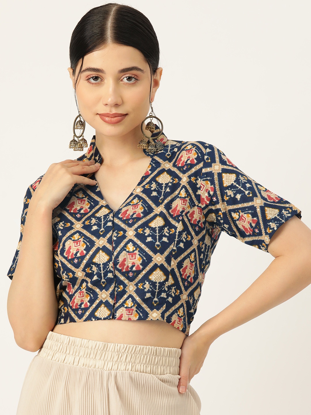 

Molcha Printed Cotton Front Open Blouse, Blue