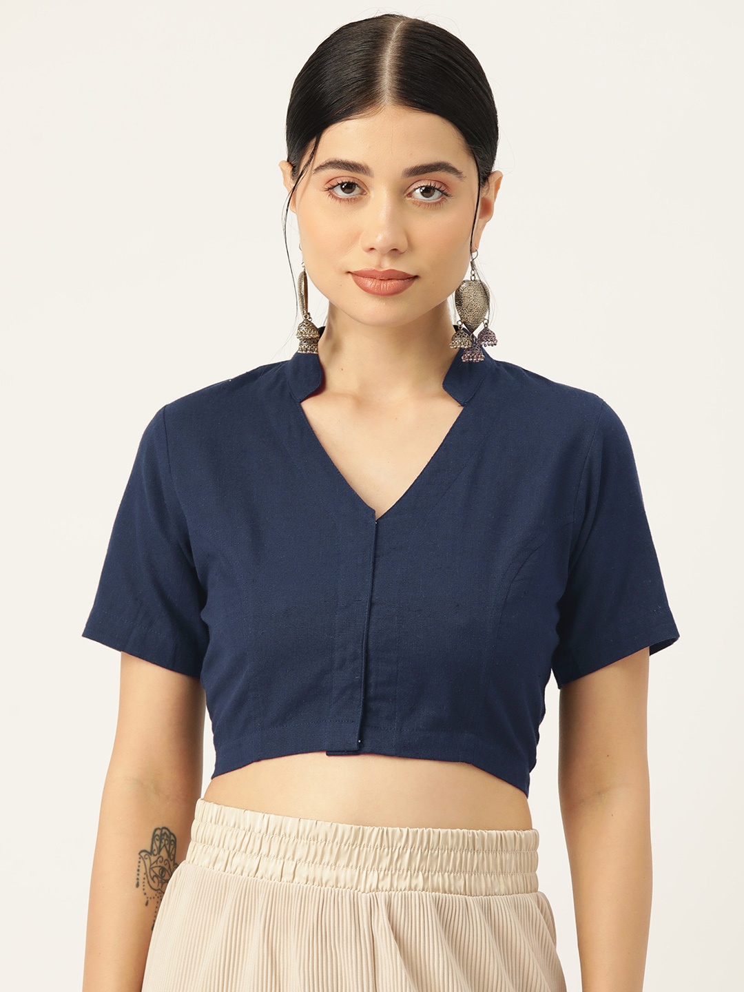 

Molcha Hand Embroidered Cotton Blouse, Navy blue