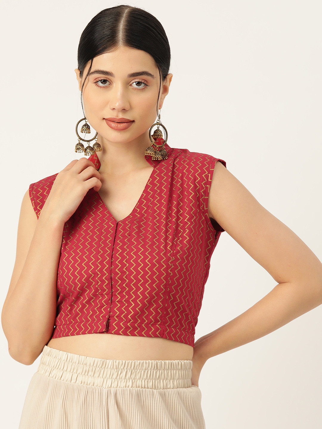 

Molcha Printed Cotton Front Open Blouse, Red
