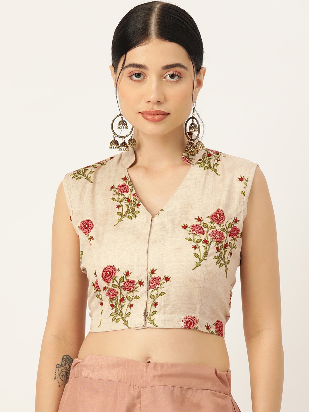 

Molcha Printed Cotton Front Open Blouse, Beige