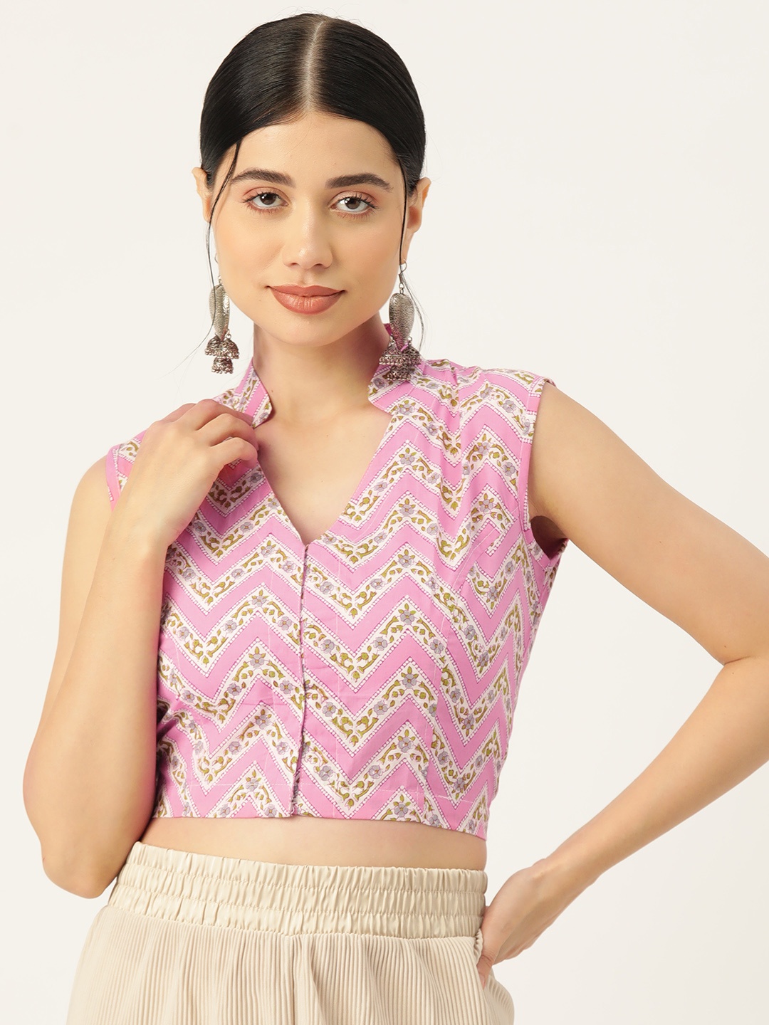 

Molcha Printed Cotton Front Open Blouse, Pink