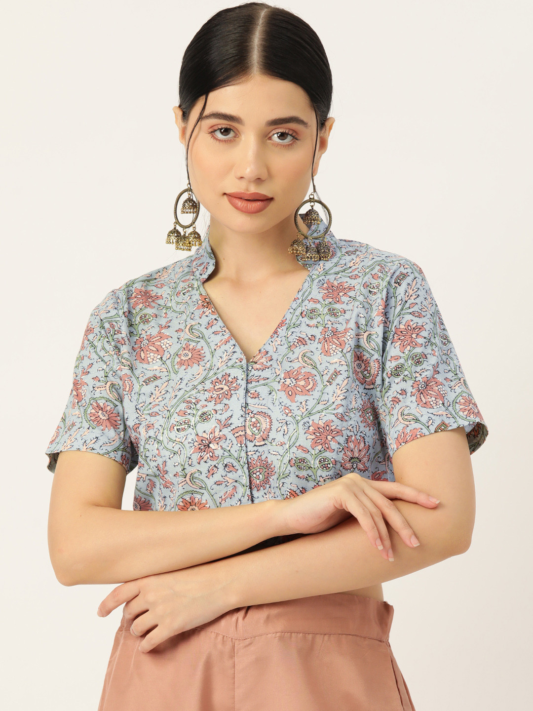 

Molcha Printed Cotton Front Open Blouse, Grey