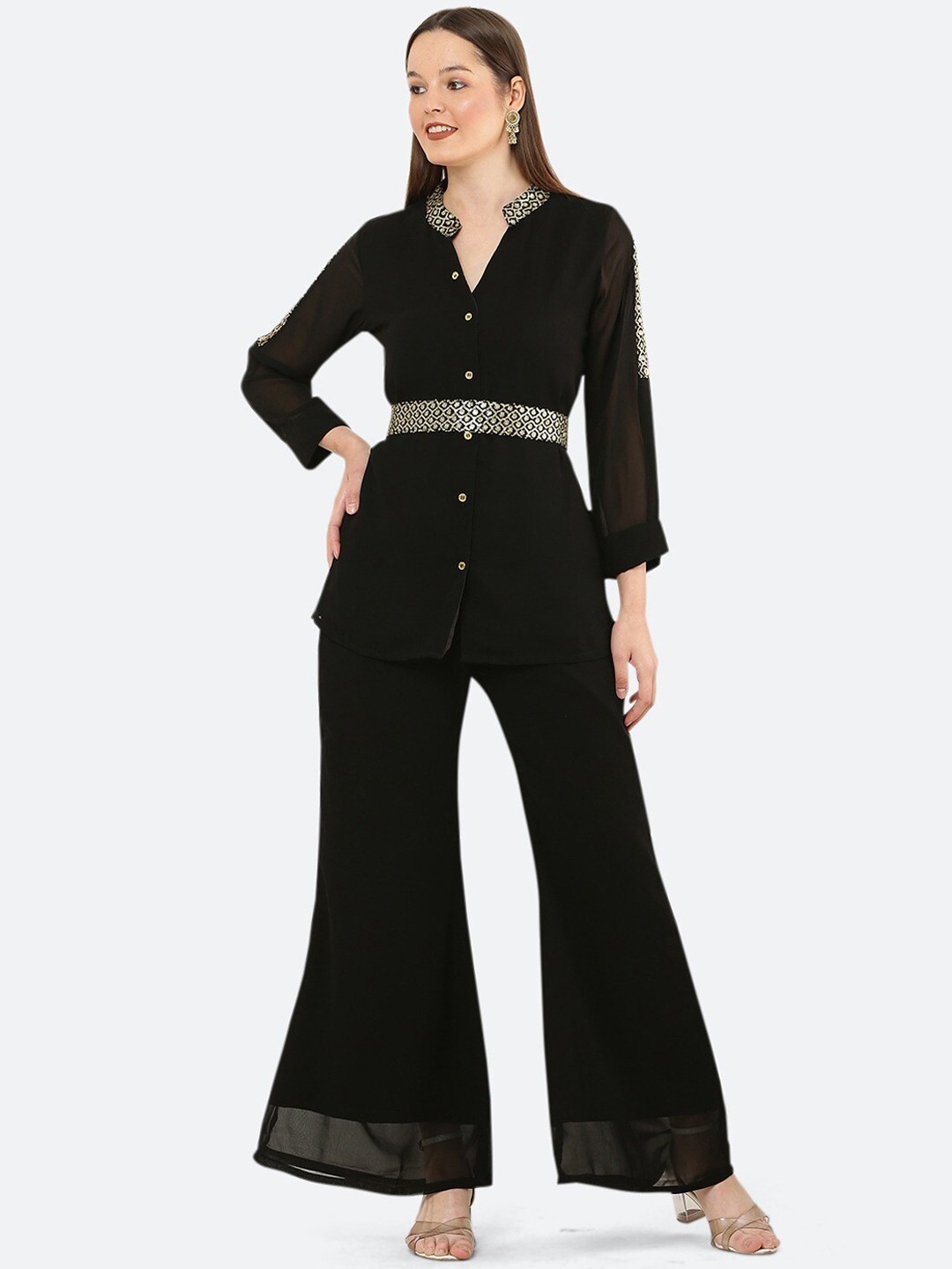 

Ashnaina Embellished Shirt With Palazzo Co-Ords, Black