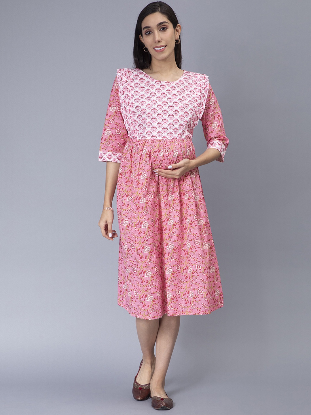 

Cot'N Soft Maternity Floral Printed Ruffled A-Line Cotton Dress, Pink
