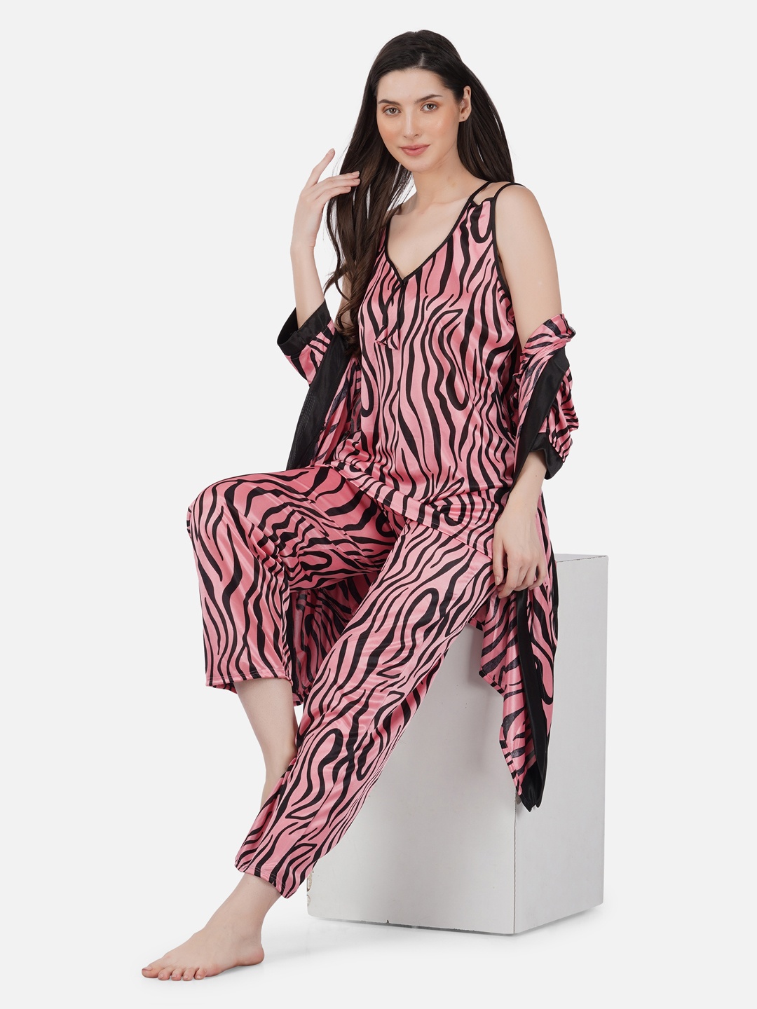 

Romaisa 3 Pieces Abstract Printed Satin Night Suit With Robe, Pink