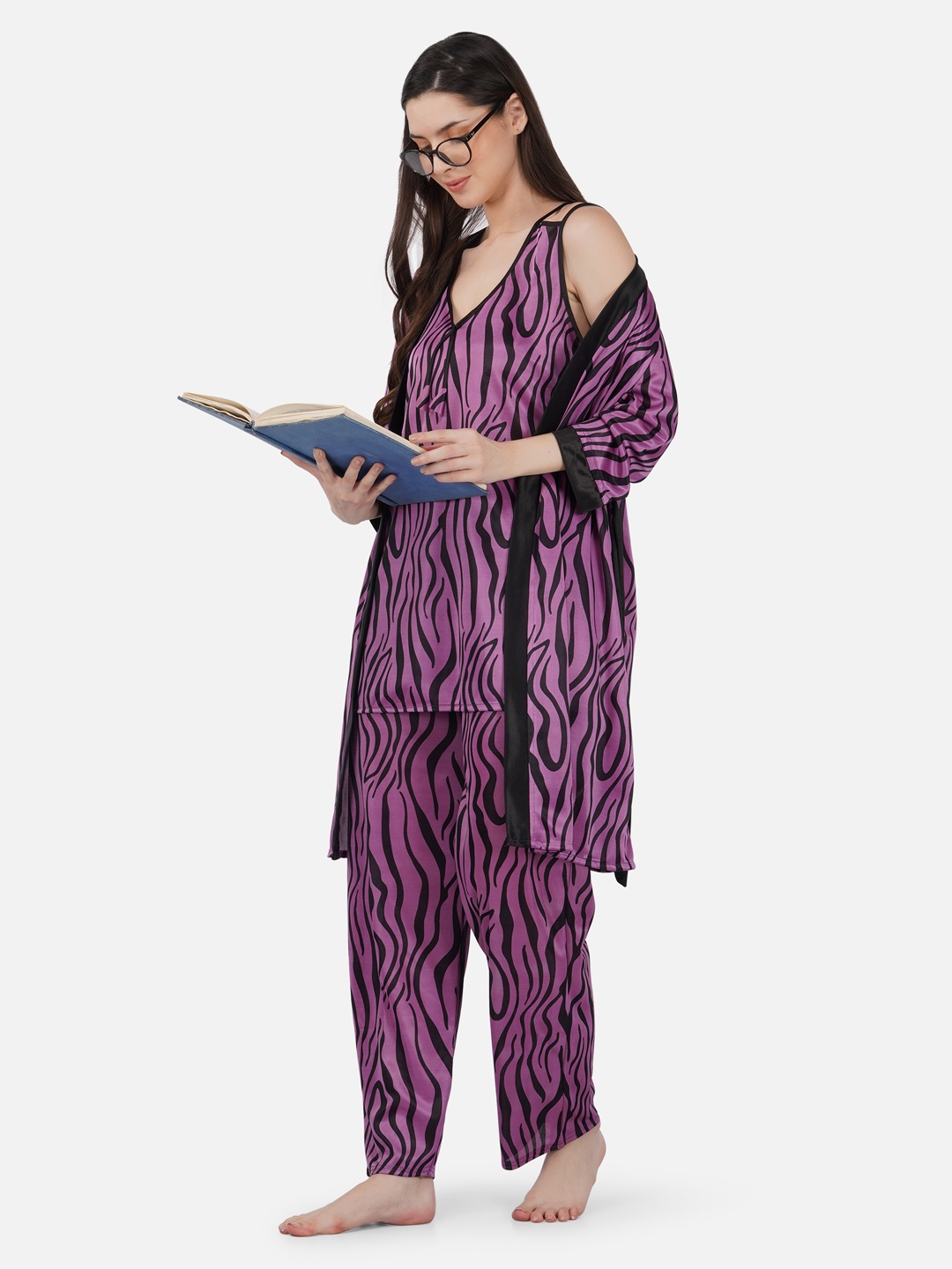 

Romaisa 3 Pieces Abstract Printed Satin Night Suit With Robe, Purple