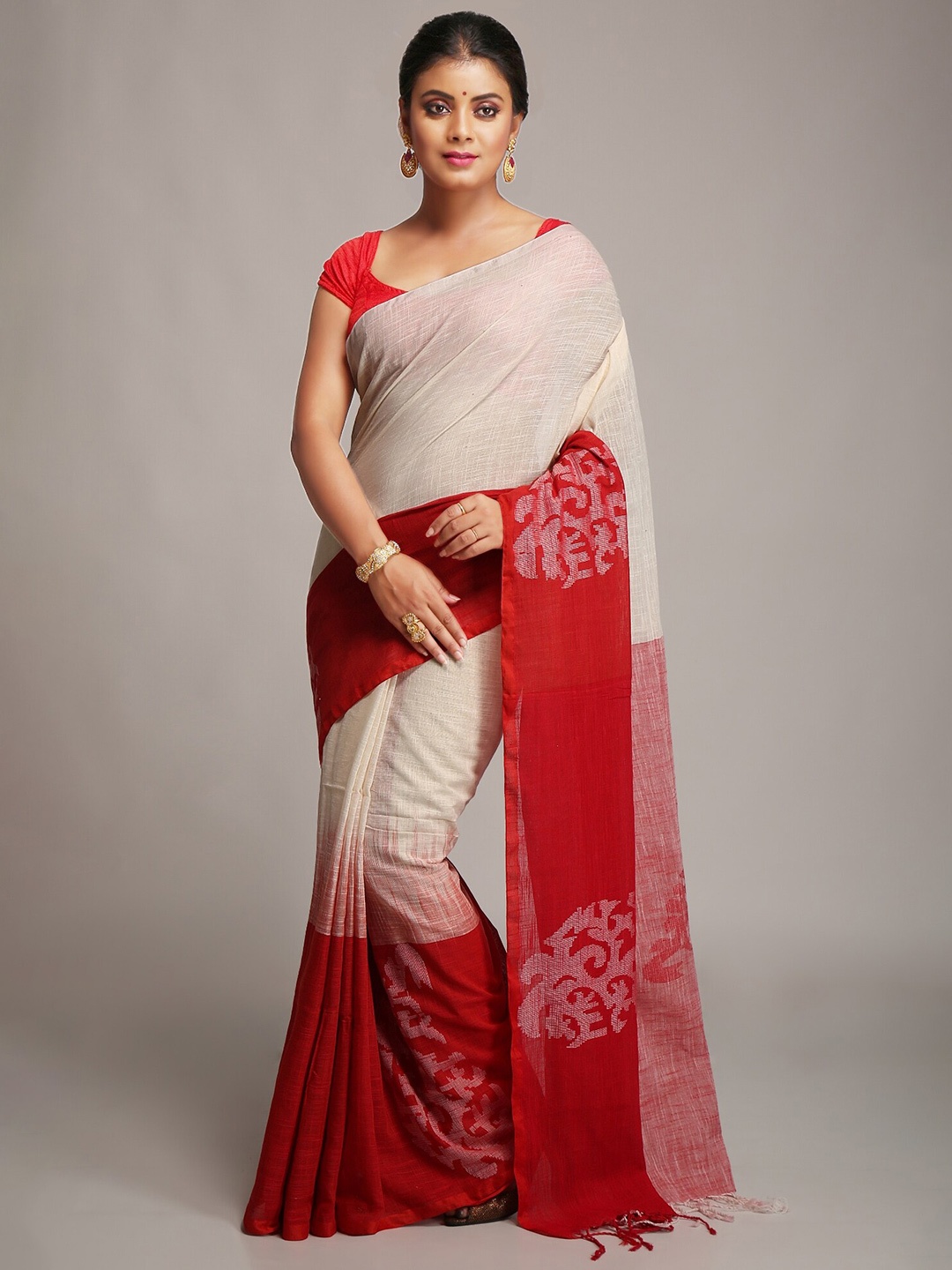 

WoodenTant Pure Linen Saree, White