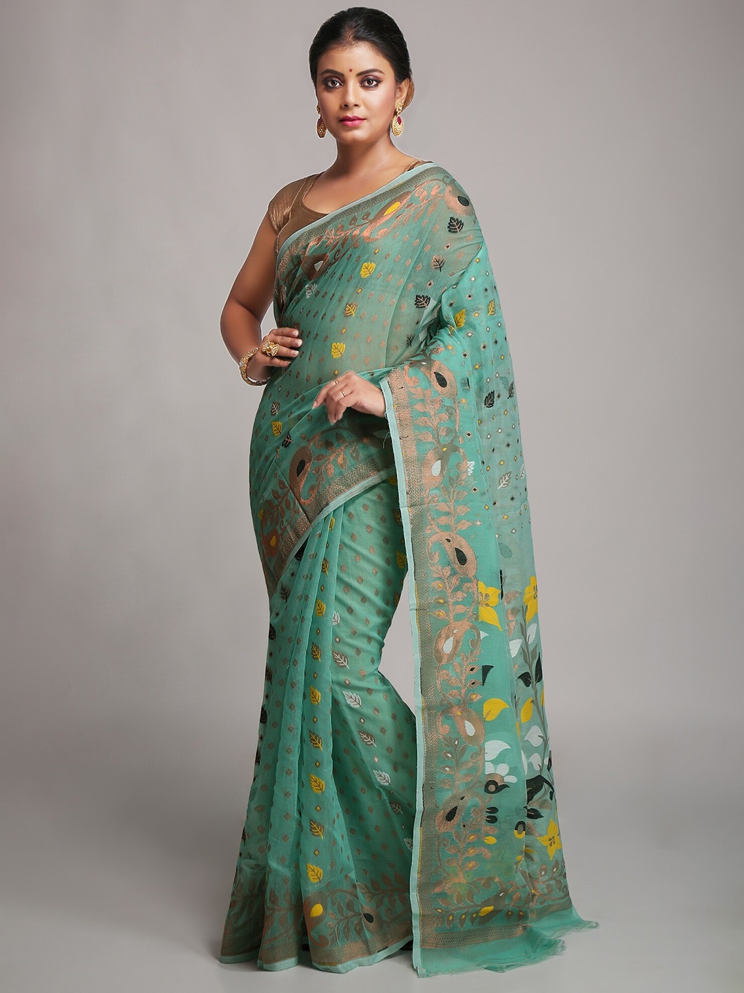 

WoodenTant Woven Design Silk Cotton Jamdani Saree, Sea green