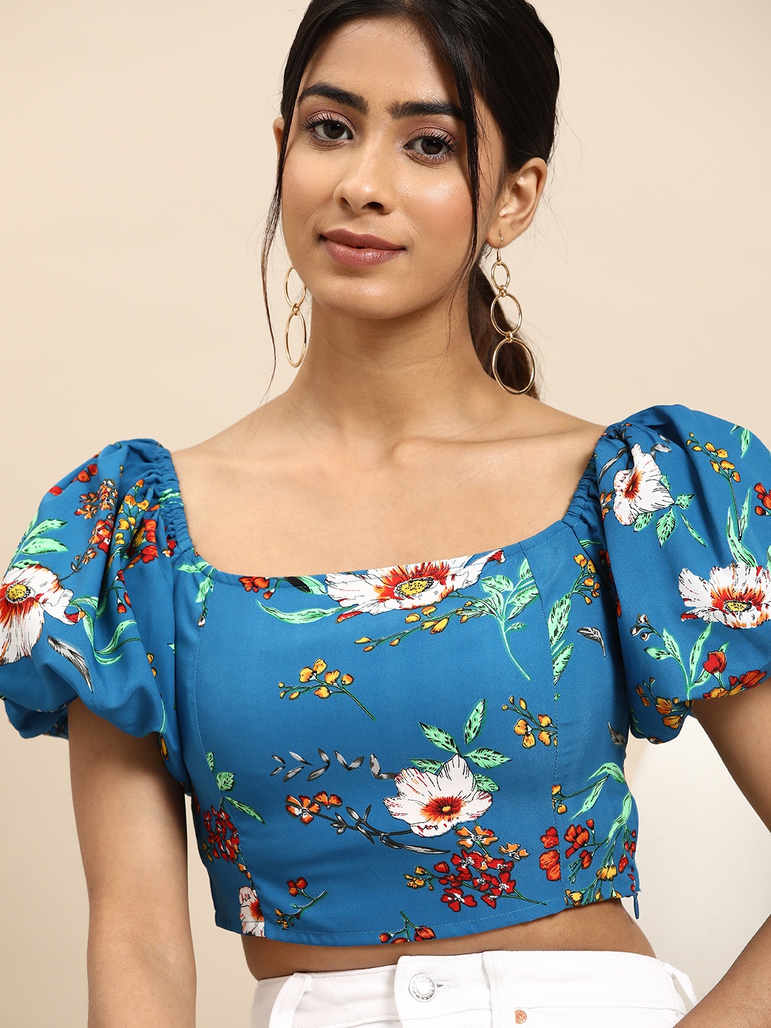 

all about you Blue & Yellow Floral Print Puff Sleeve Crepe Crop Top