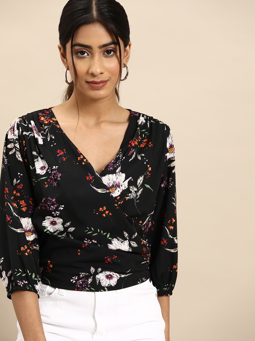 

all about you Black & White Floral Print Puff Sleeve Twisted Crepe Crop Top