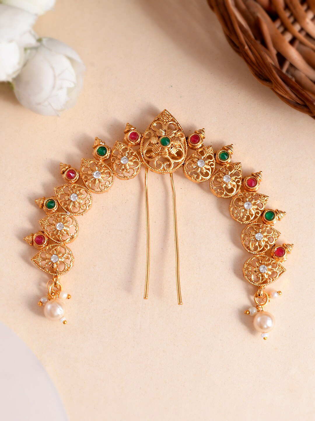 

Silvermerc Designs Gold-Plated Stones Studded & Beaded Hair Bun Pin