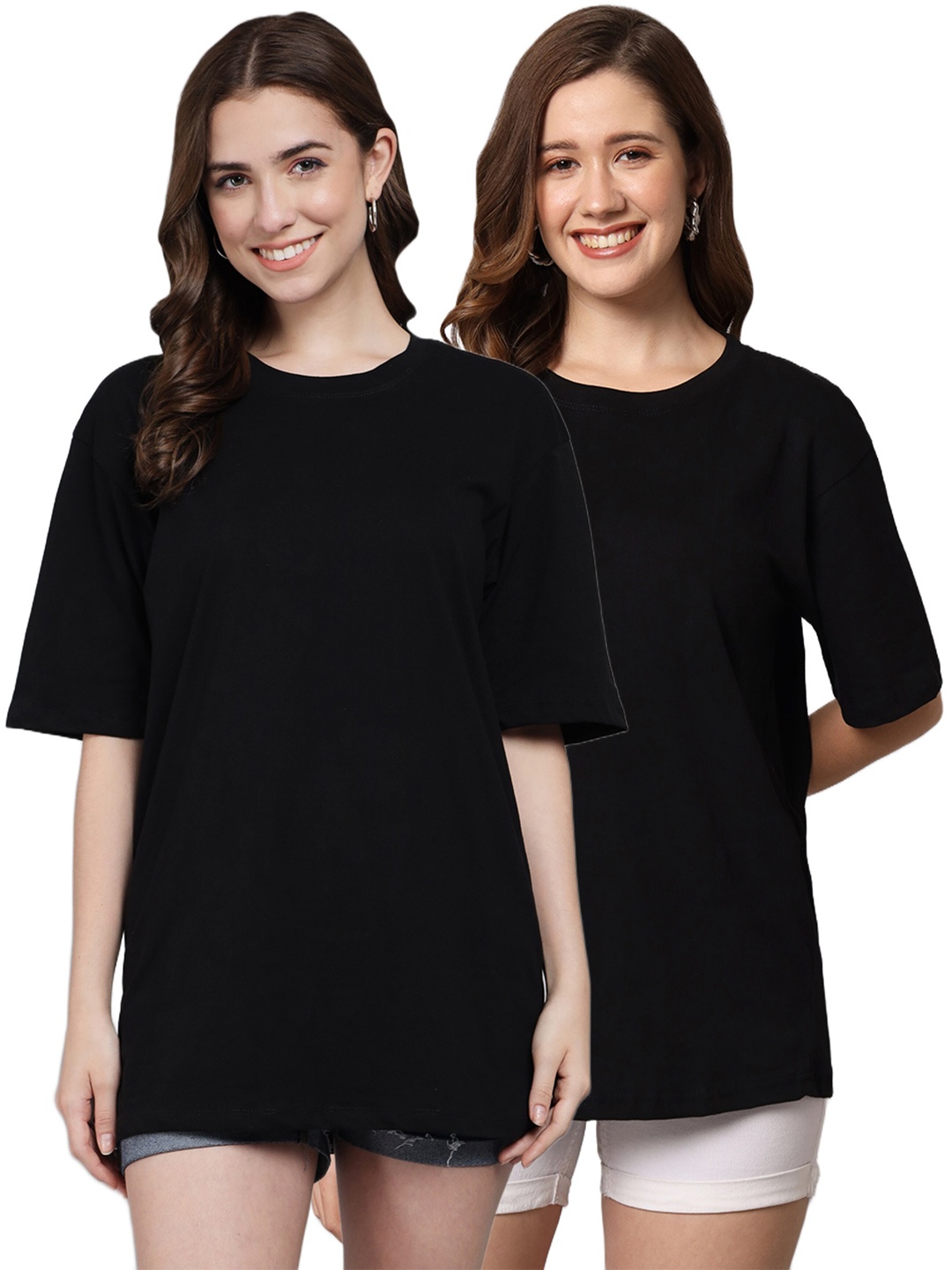 

Funday Fashion Pack of 2 Cotton Oversized Fit T-shirts, Black