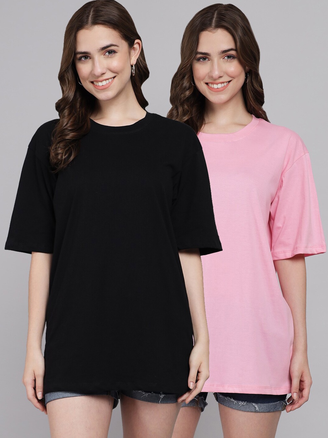 

Funday Fashion Pack of 2 Cotton Oversized Fit T-shirts, Black