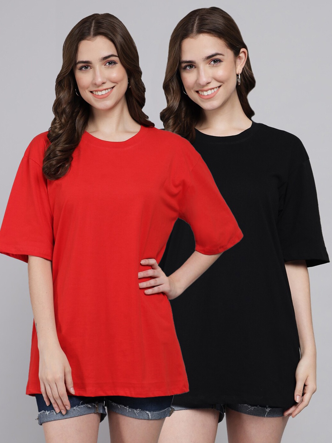 

Funday Fashion Pack of 2 Cotton Oversized Fit T-shirts, Black