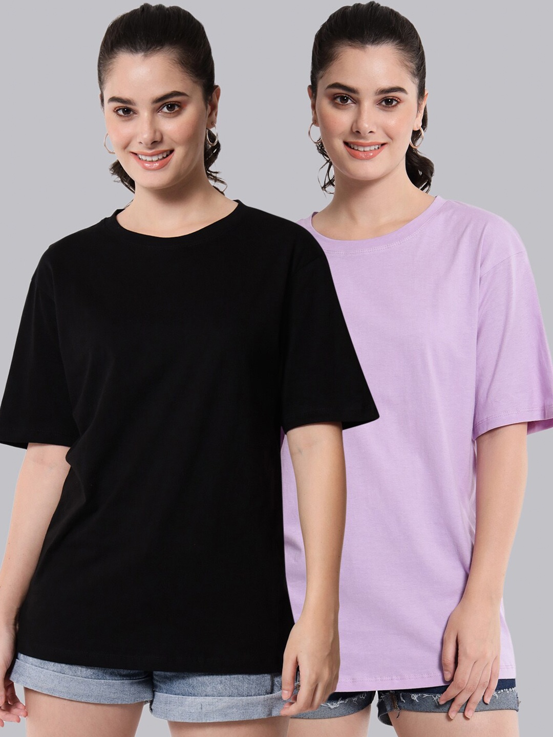 

Funday Fashion Pack of 2 Cotton Oversized Fit T-shirts, Black