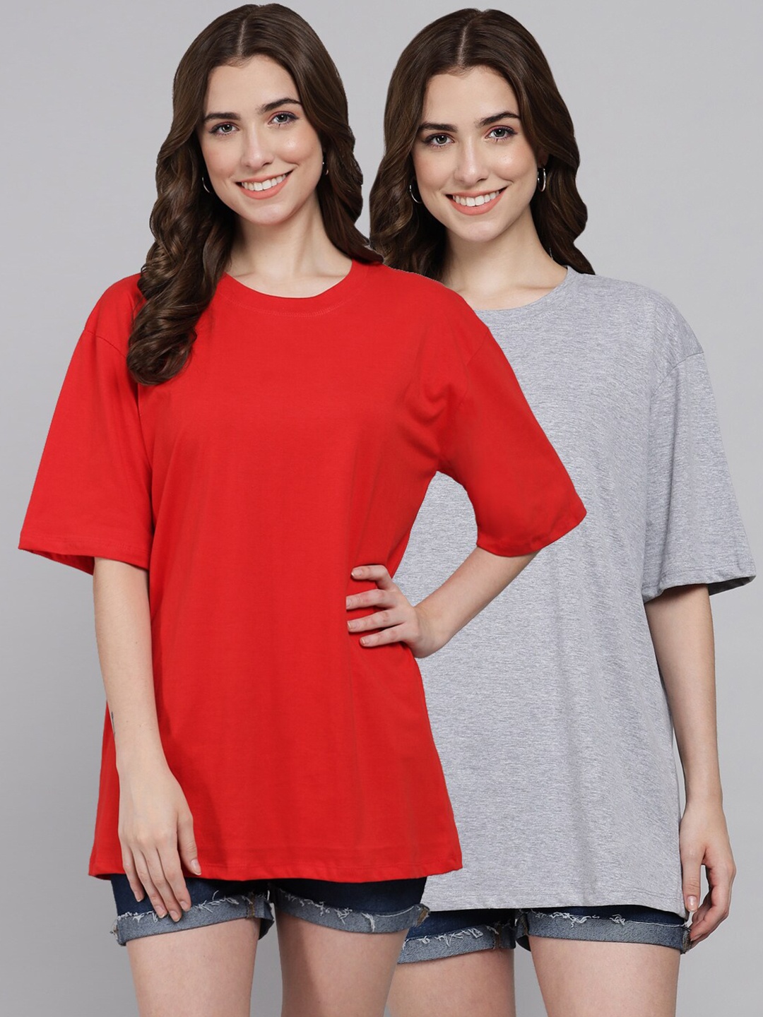 

Funday Fashion Pack of 2 Cotton Oversized Fit T-shirts, Red