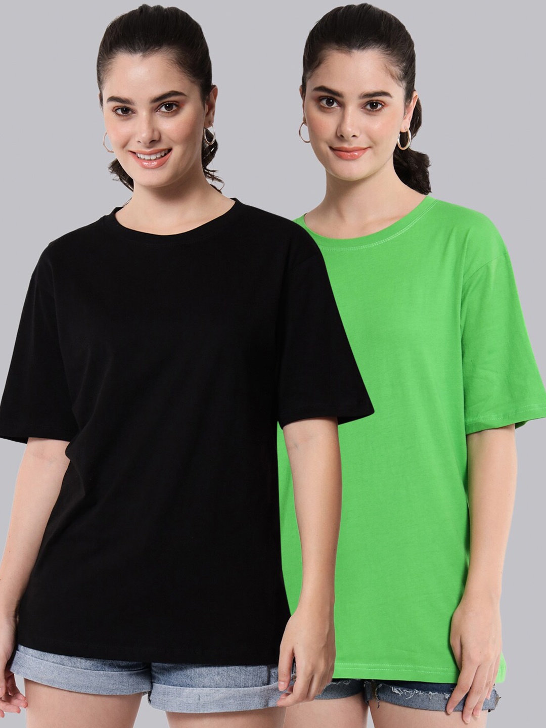 

Funday Fashion Pack of 2 Cotton Oversized Fit T-shirts, Black