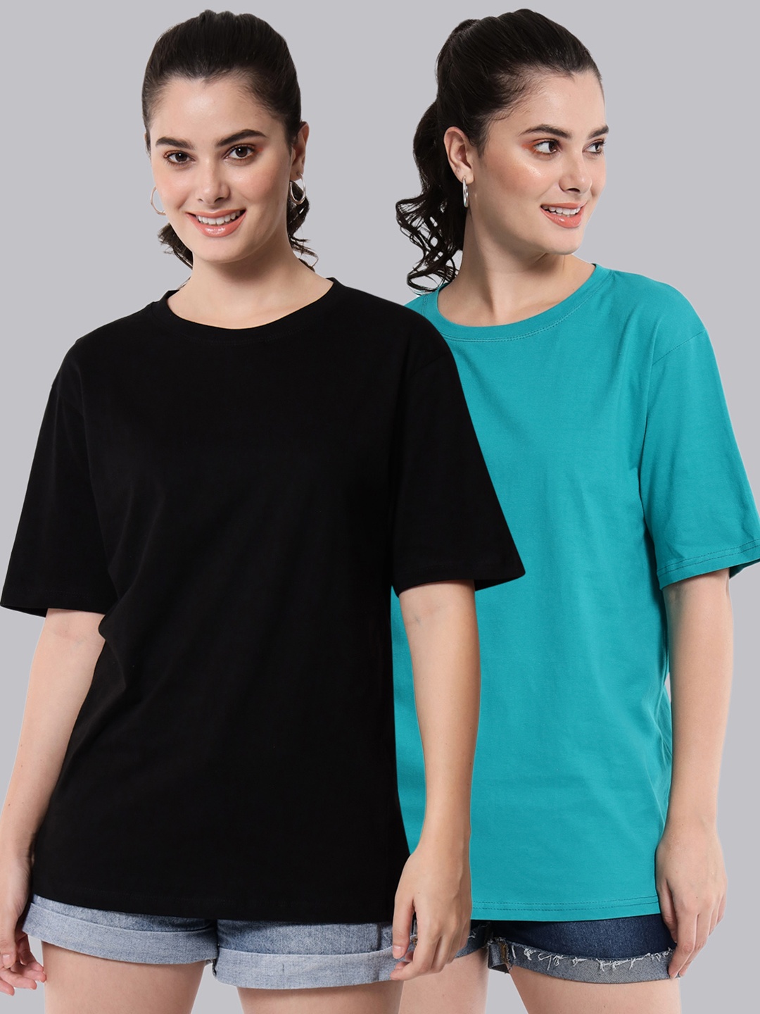 

Funday Fashion Pack of 2 Cotton Oversized Fit T-shirts, Black