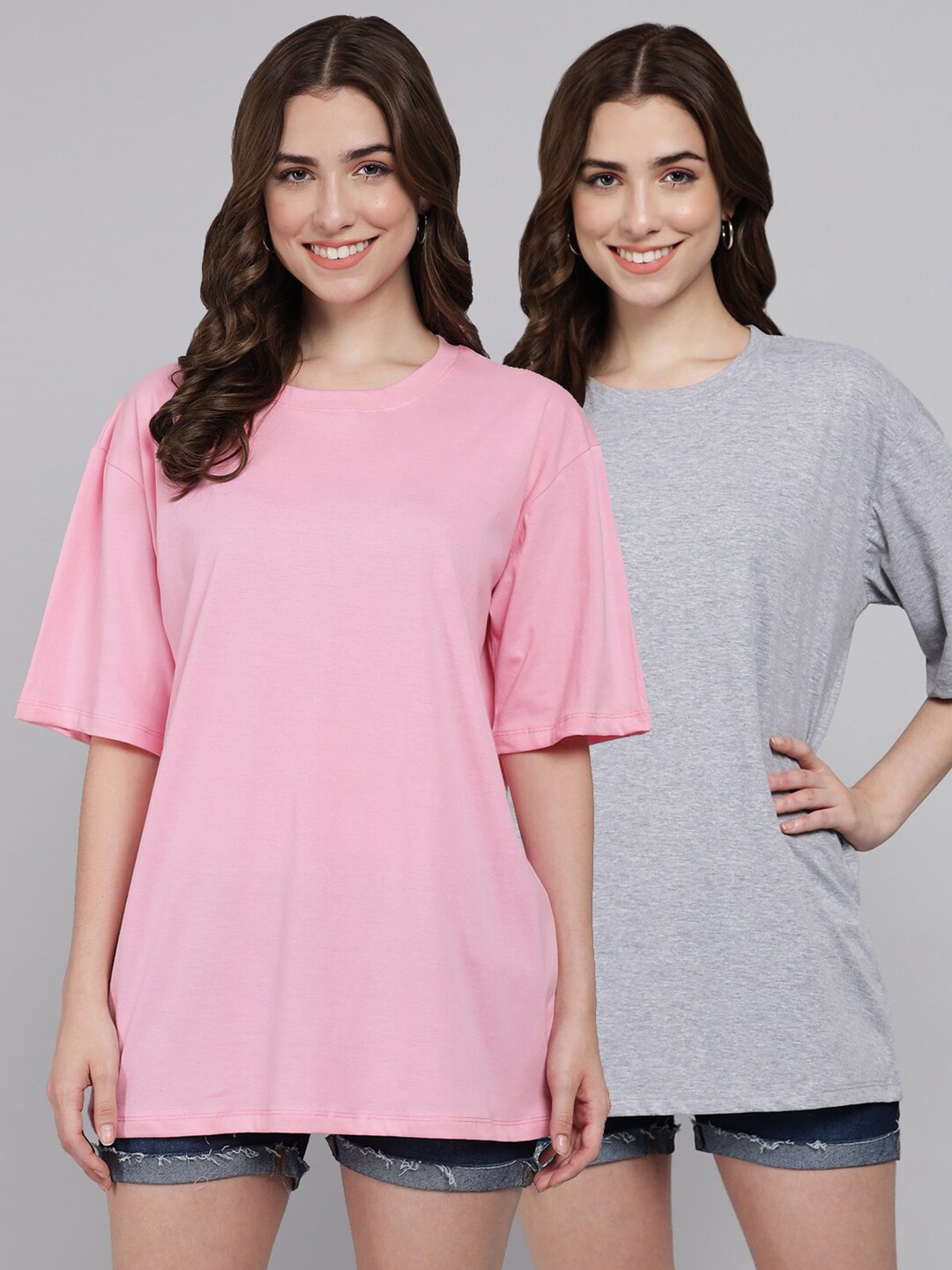 

Funday Fashion Pack Of 2 Round Neck Drop-Shoulder Sleeves Oversized Cotton T-Shirt, Pink