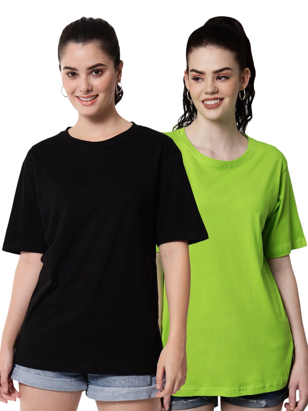 

Funday Fashion Pack Of 2 Round Neck Drop-Shoulder Sleeves Oversized Cotton T-Shirt, Black