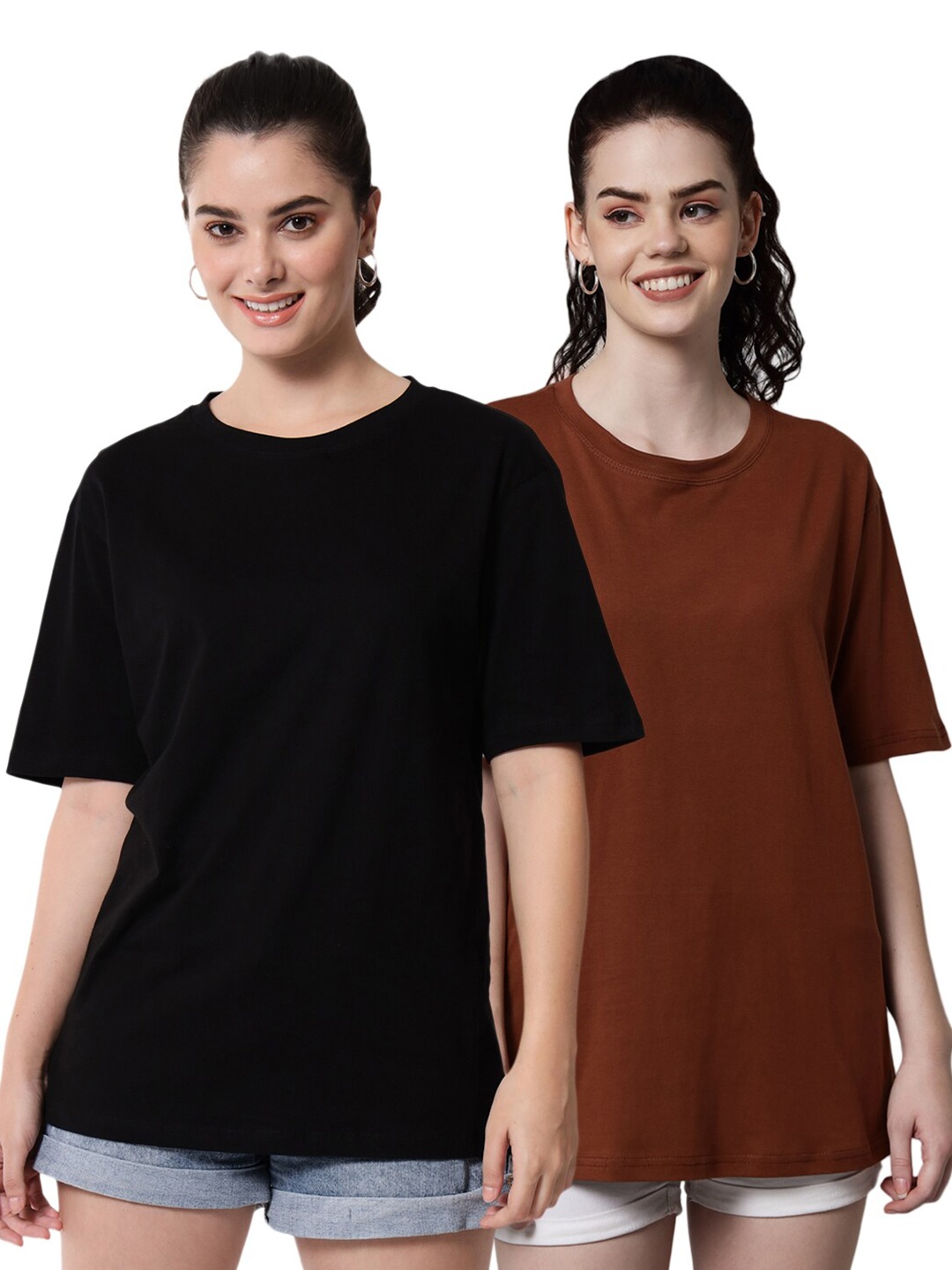 

Funday Fashion Pack Of 2 Round Neck Drop-Shoulder Sleeves Oversized Cotton T-Shirt, Black