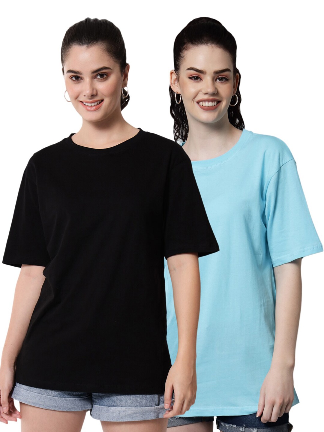 

Funday Fashion Pack Of 2 Round Neck Drop-Shoulder Sleeves Oversized Cotton T-Shirt, Black