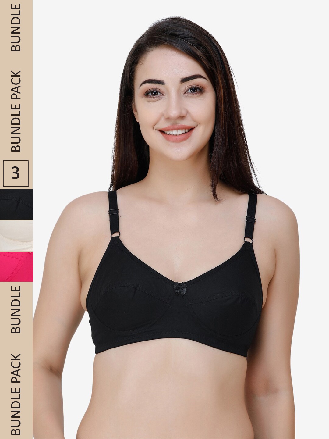 

College Girl Pack of 3 Non-Padded Non-Wired All Day Comfort Full Coverage Pure Cotton Bra, Black