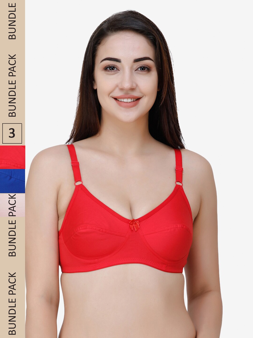 

College Girl Pack of 3 Non-Padded Non-Wired All Day Comfort Full Coverage Pure Cotton Bra, Red