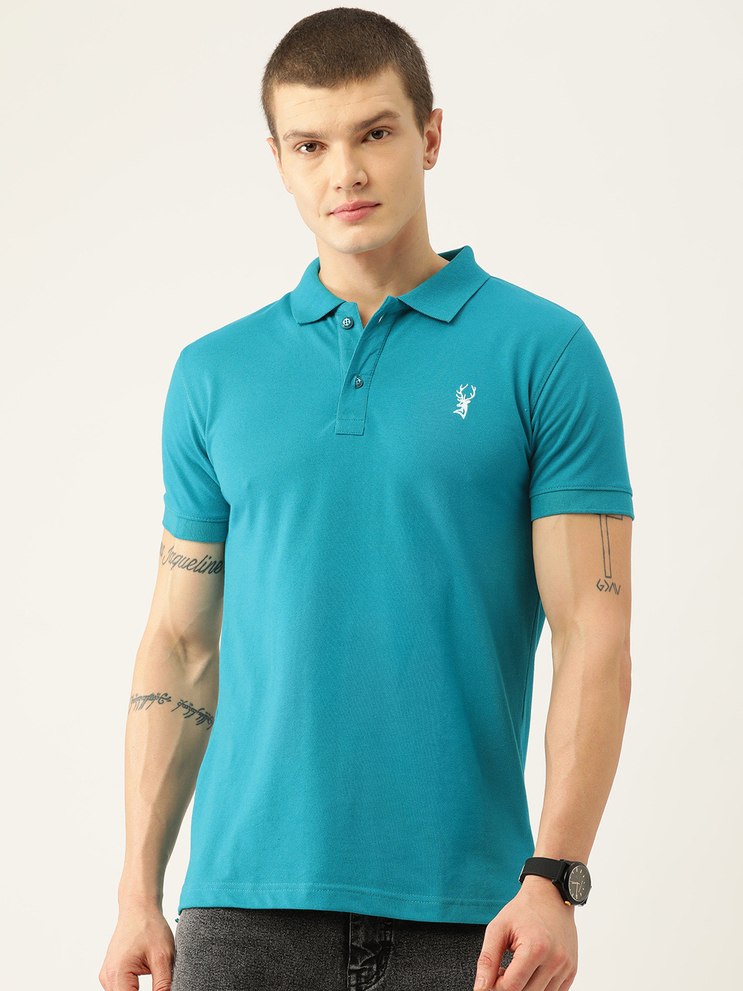 

PORTBLAIR Men Solid Polo Collar Slim Fit T-shirt, Turquoise blue