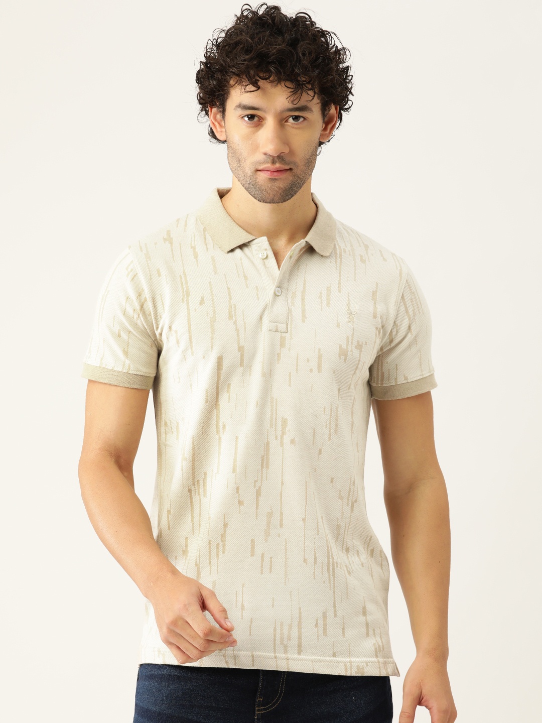 

PORTBLAIR Men Printed Polo Collar Slim Fit T-shirt, Beige
