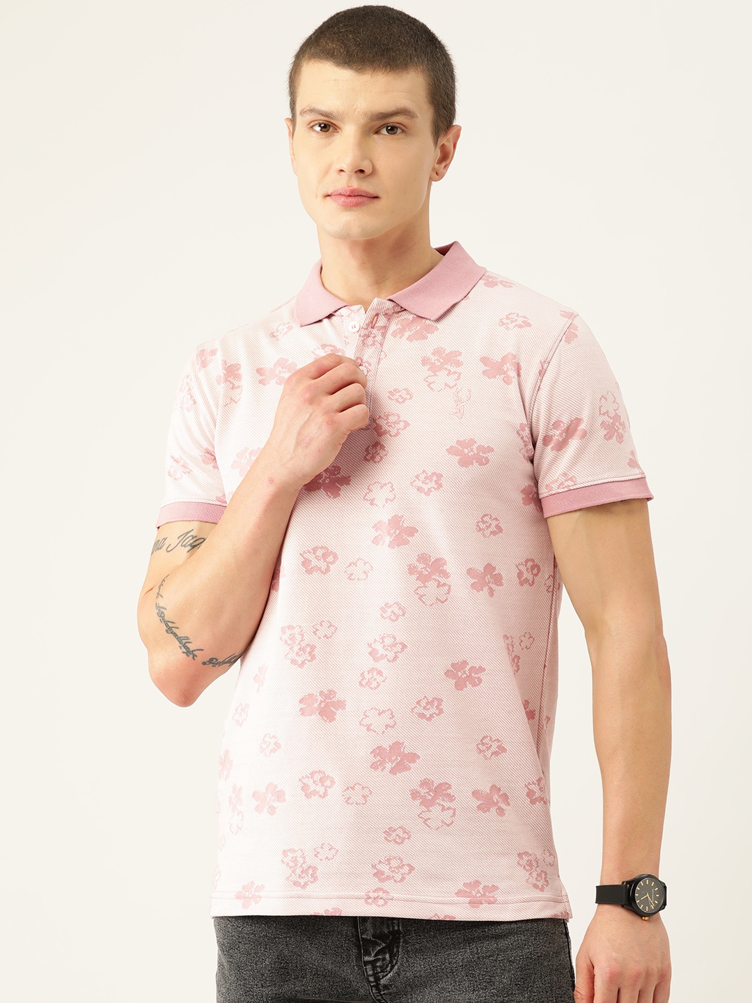 

PORTBLAIR Men Floral Printed Polo Collar Slim Fit T-shirt, Pink