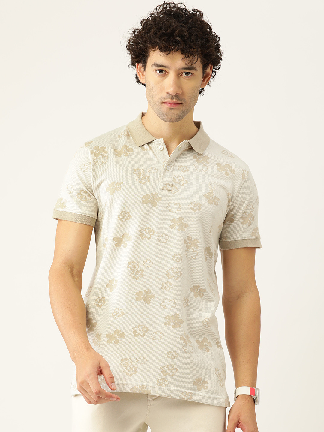 

PORTBLAIR Men Floral Printed Polo Collar Slim Fit T-shirt, Beige