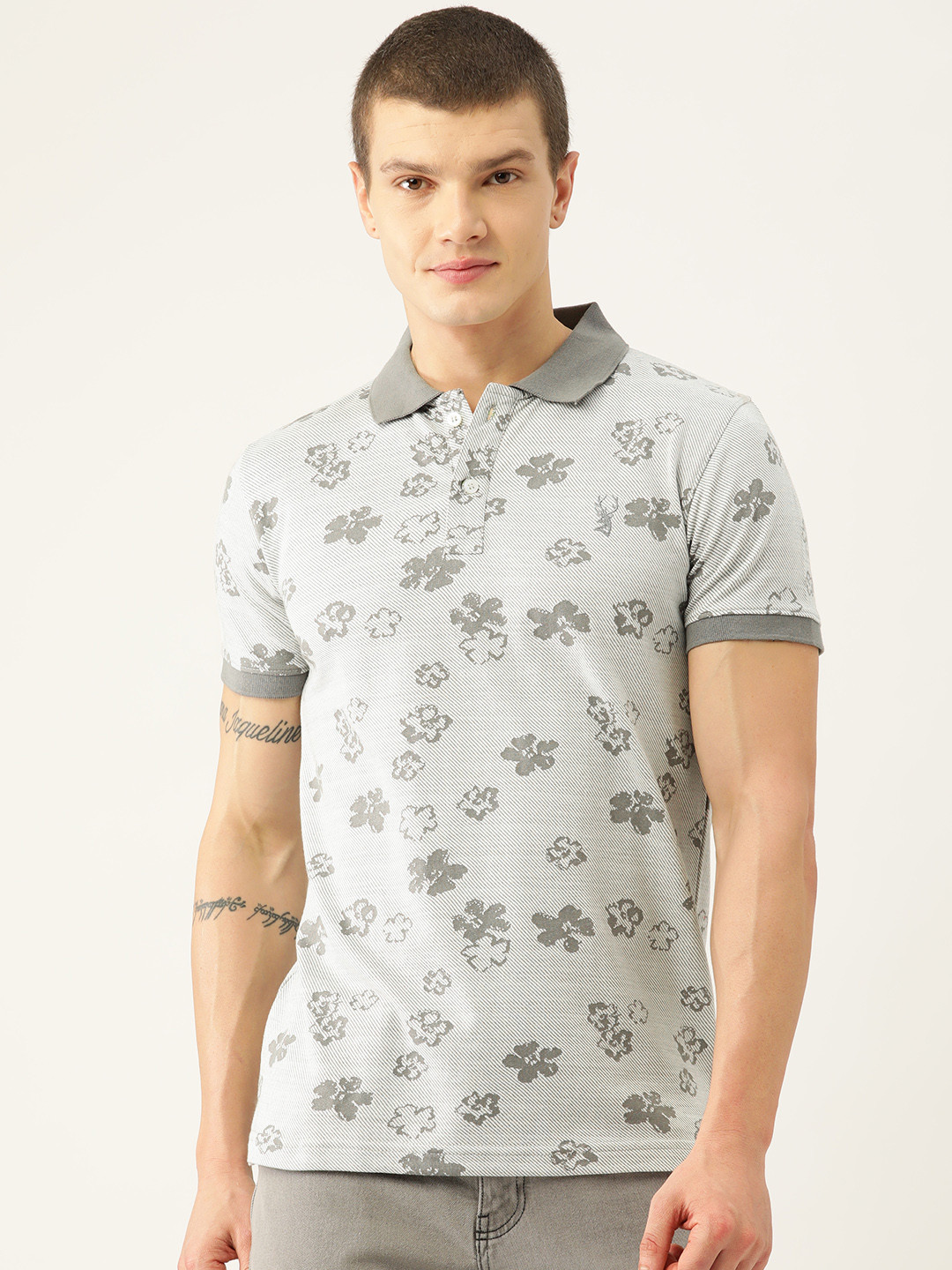 

PORTBLAIR Men Floral Printed Polo Collar Slim Fit T-shirt, Grey