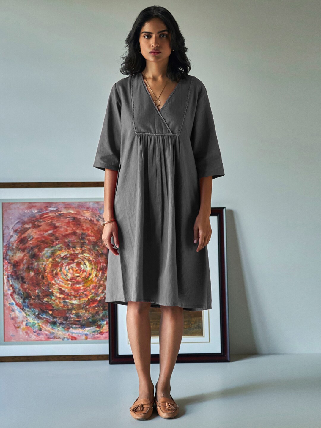 

Ganga V-Neck Cotton A-Line Dress, Grey