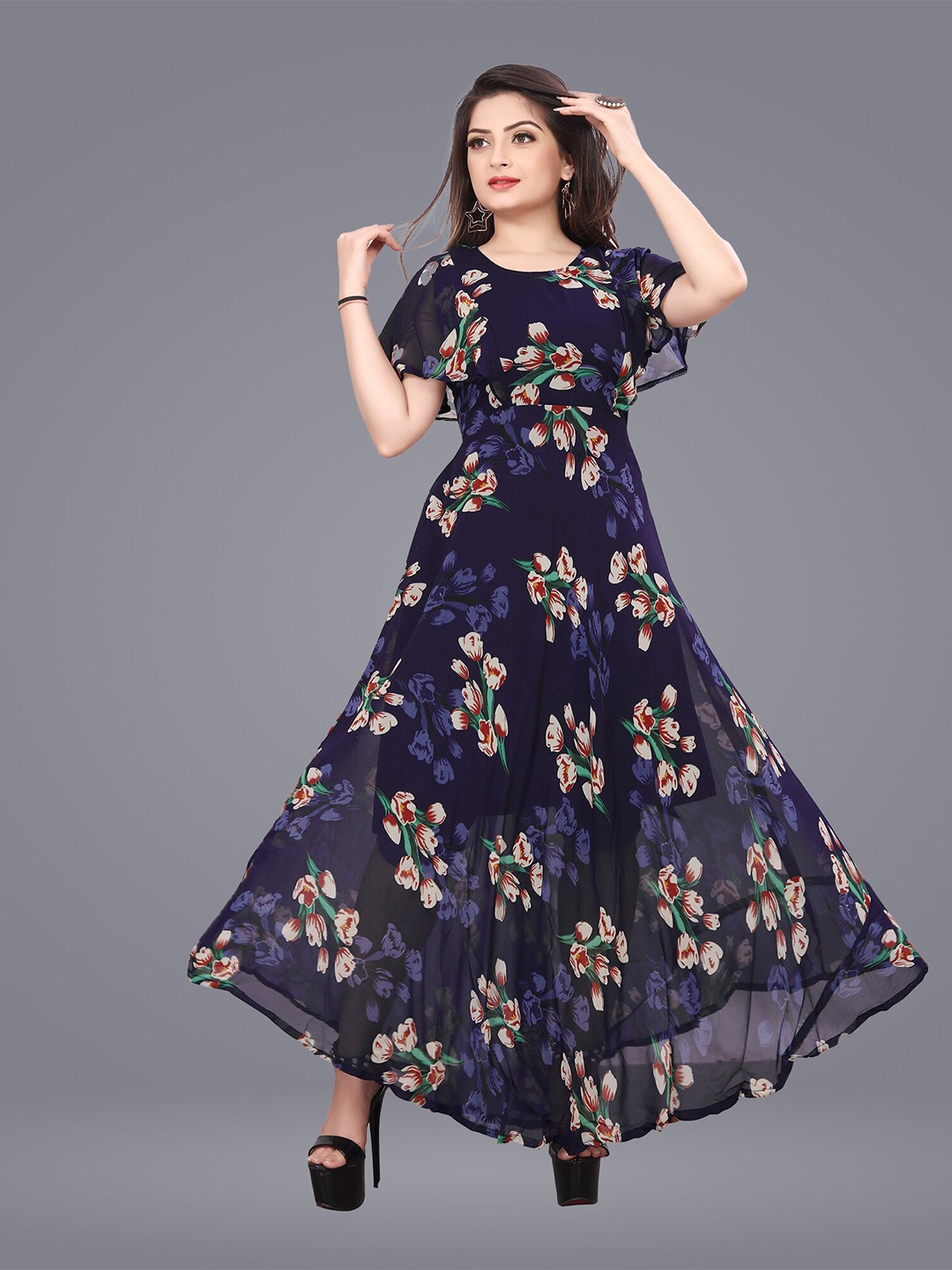 

N N ENTERPRISE Floral Print Flared Sleeve Maxi Dress, Navy blue