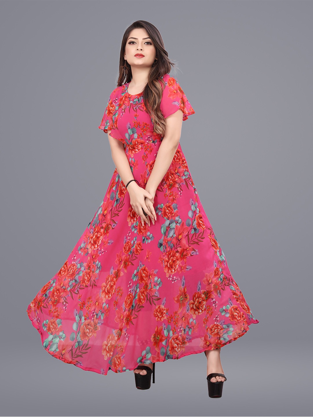 

N N ENTERPRISE Floral Print Flared Sleeve Georgette Fit & Flare Maxi Dress, Pink