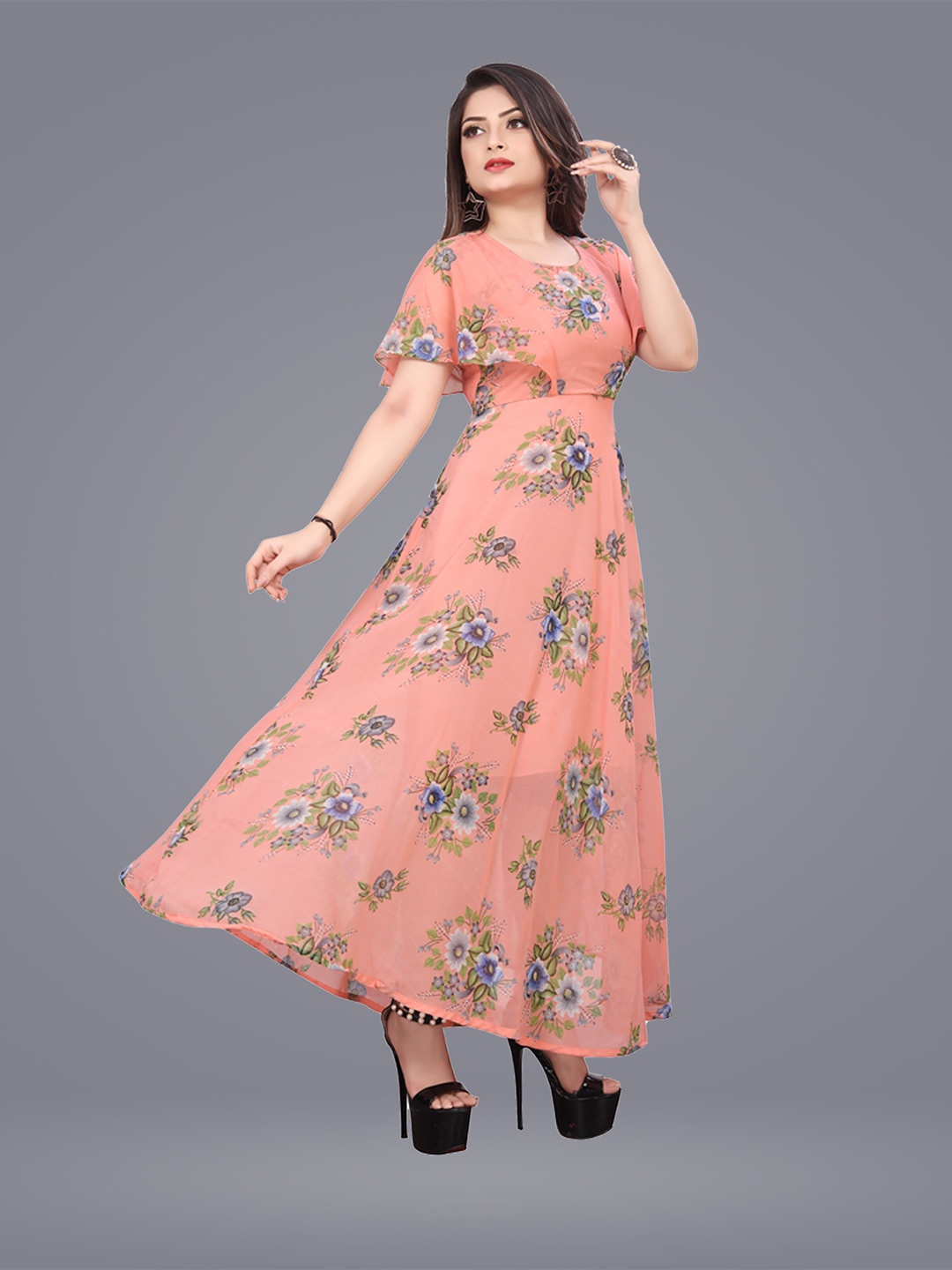 

N N ENTERPRISE Floral Print Flared Sleeve Georgette Fit & Flare Maxi Dress, Peach