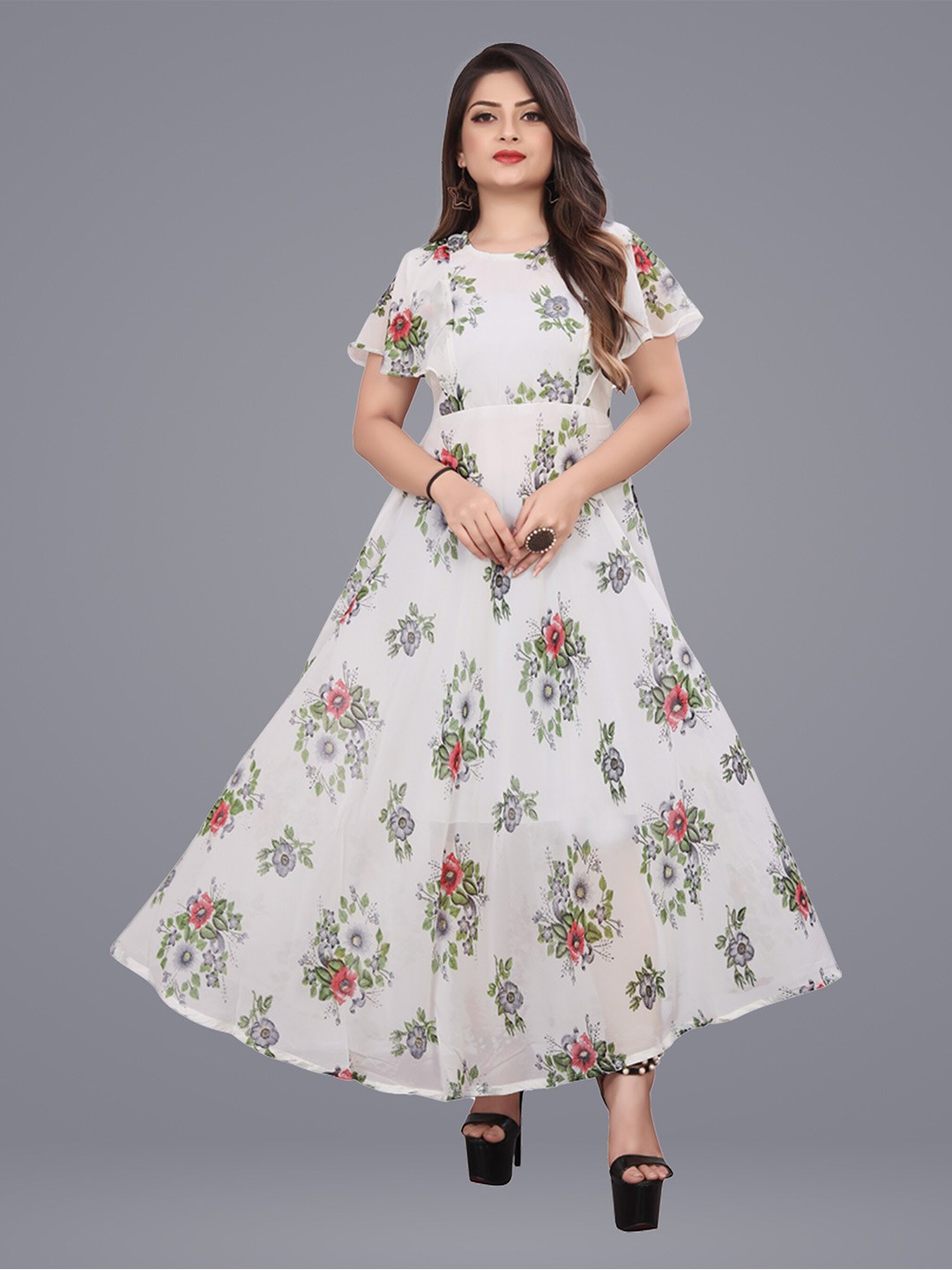 

N N ENTERPRISE Floral Print Flared Sleeve Maxi Dress, White