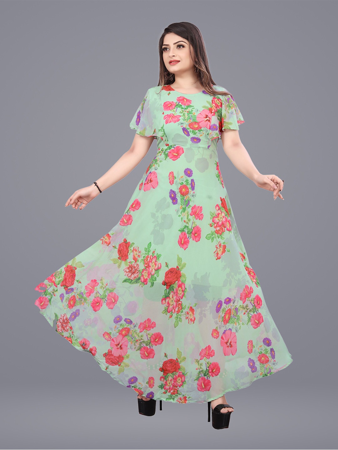 

N N ENTERPRISE Floral Print Flutter Sleeve Maxi Dress, Sea green
