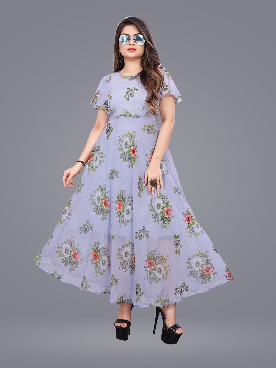 

N N ENTERPRISE Floral Print Flared Sleeve Georgette Fit & Flare Maxi Dress, Purple