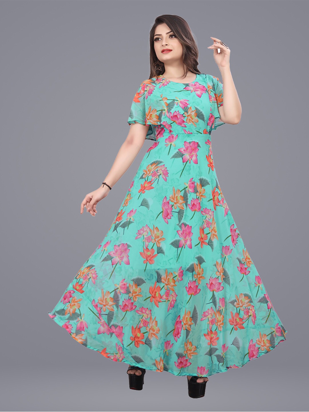 

N N ENTERPRISE Floral Print Flared Sleeve Maxi Dress, Turquoise blue
