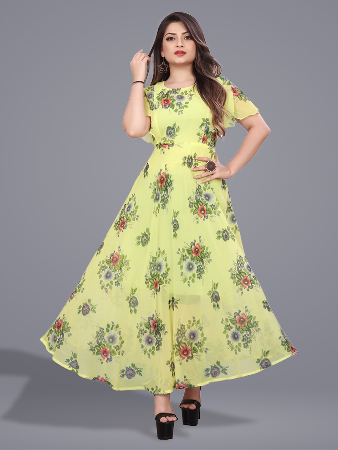 

N N ENTERPRISE Floral Print Flared Sleeve Georgette Fit & Flare Maxi Dress, Yellow