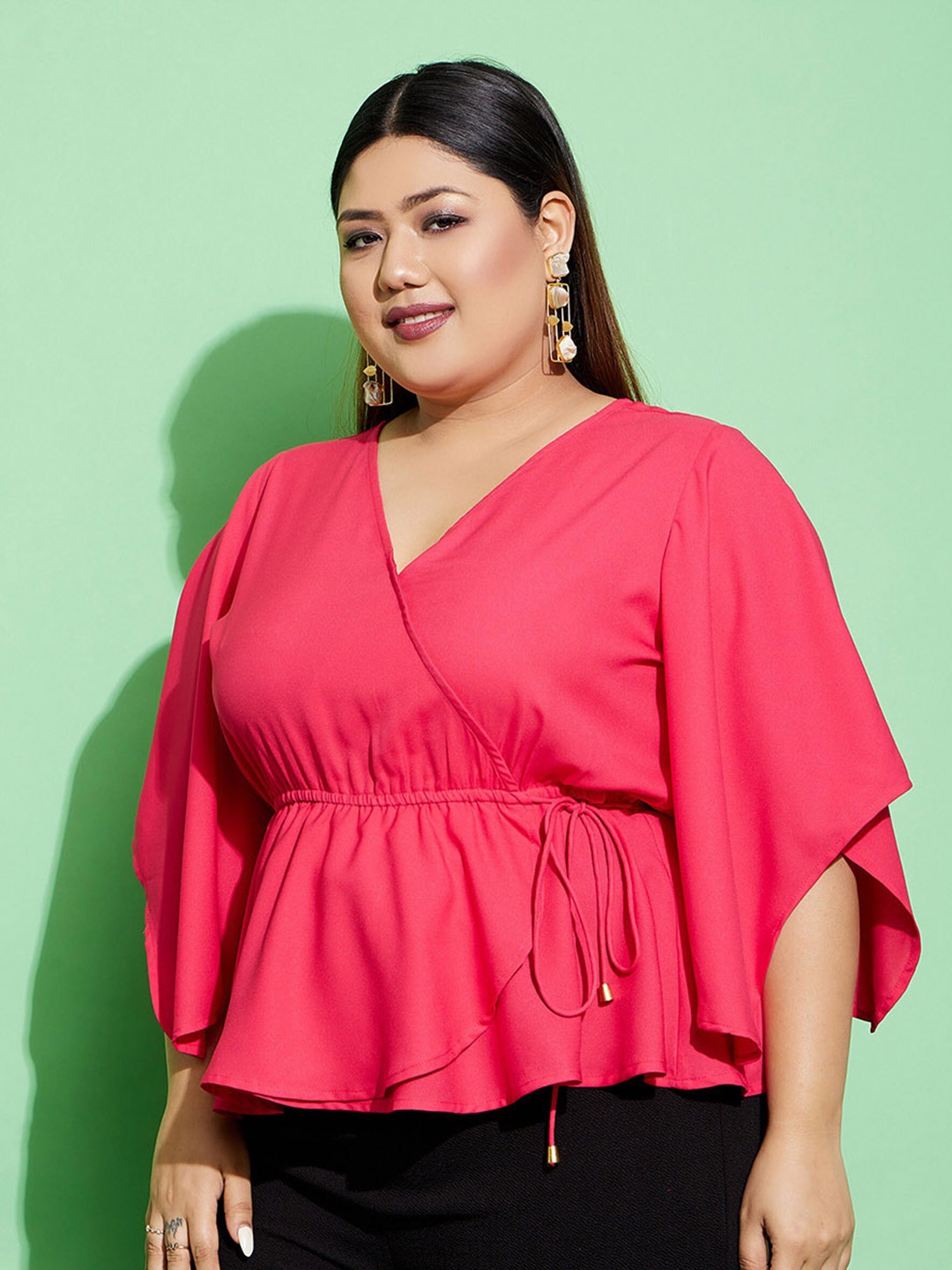 

SASSAFRAS Curve Fuchsia Kimono Sleeves Peplum Top