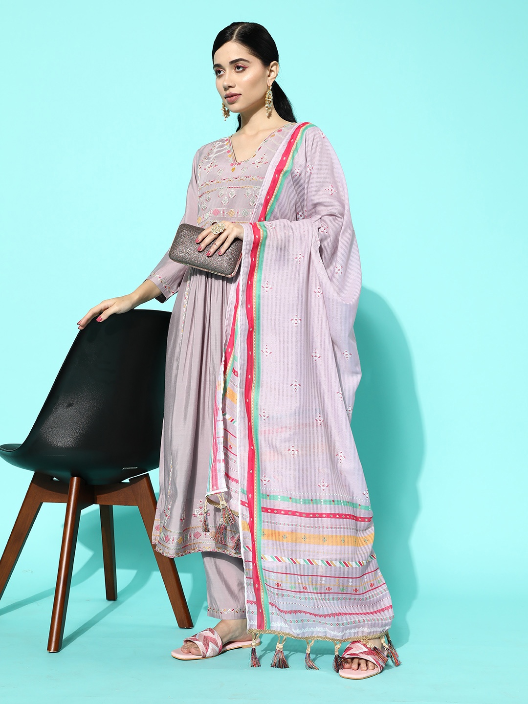 

Sangria Women Lavender Ethnic Motifs Yoke Design Regular Thread Work Kurta with Trousers & With Dupatta