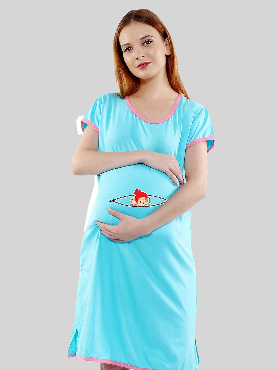 

SillyBoom Printed Cotton Maternity T-Shirt Night Dress, Blue
