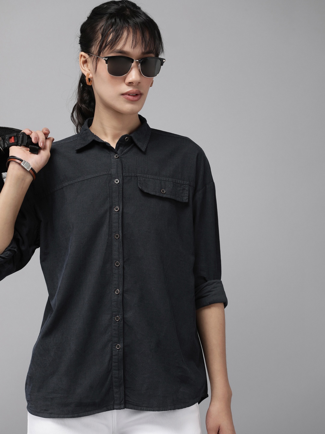 

Roadster Women Classic Opaque Cotton Casual Shirt, Charcoal